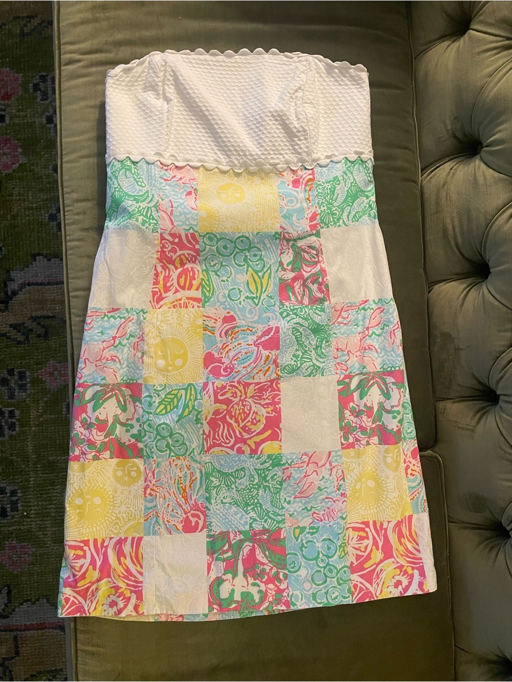 Lilly Pulitzer Strapless Patchwork Dress in White, Pink, Yellow, Green, Blue